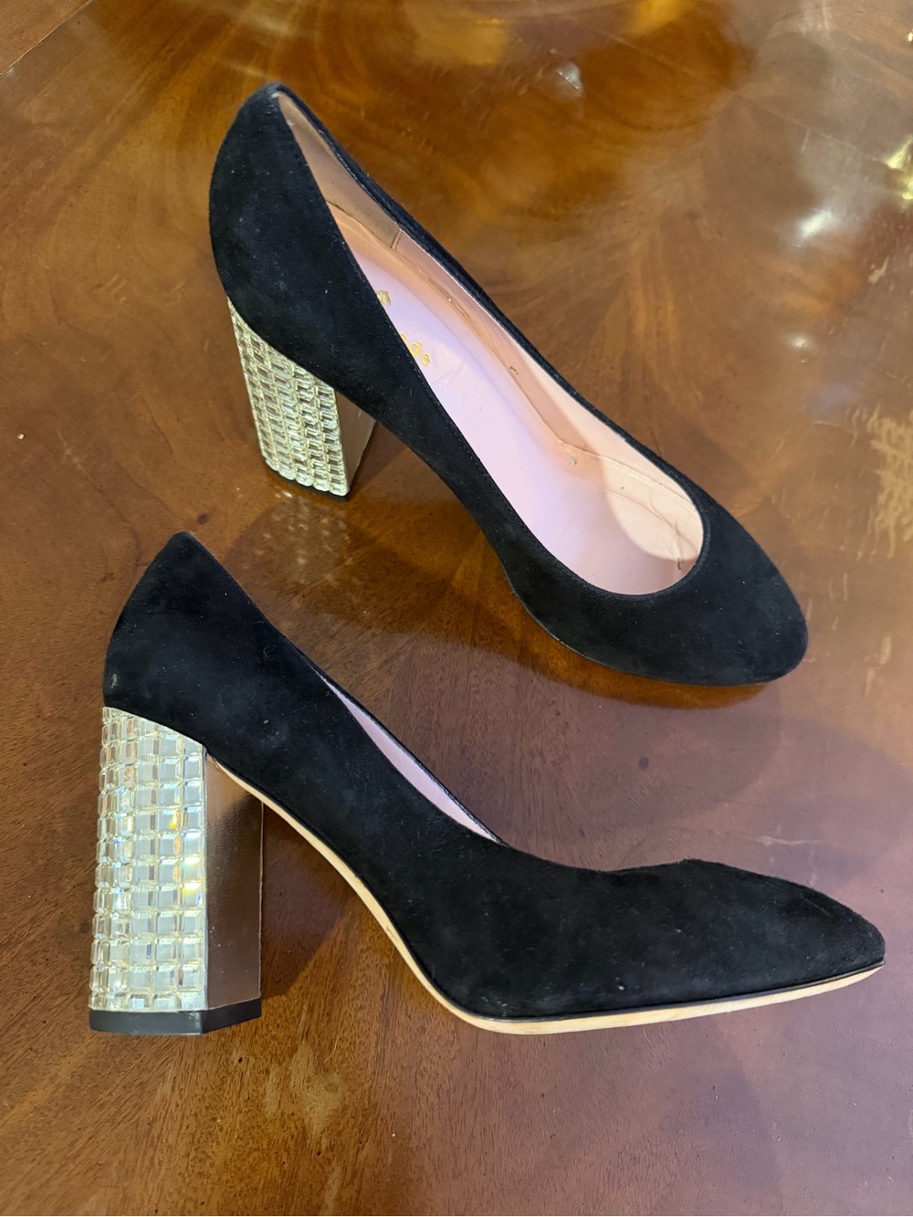 kate spade Black Suede Pumps with Silver Crystal Block Heel Accent